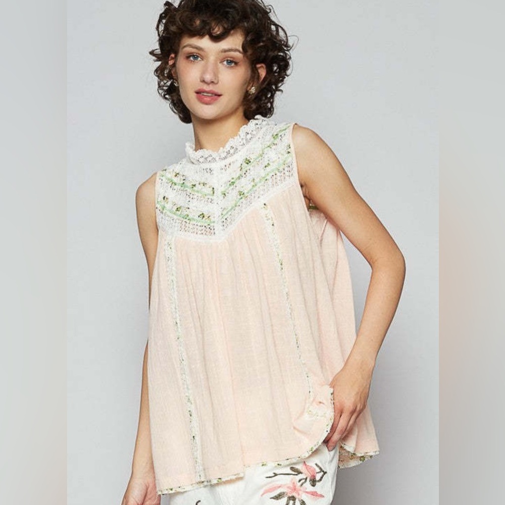 POL Soft Pink Boho Sleeveless boho lace detail tunic top - Picture 3 of 6